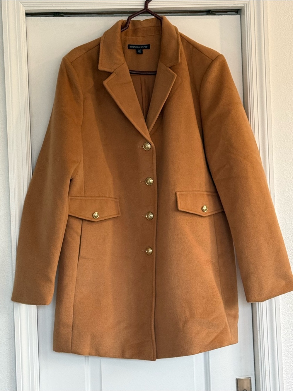 Boston Proper Camel-Color Wool-Blend Pea Coat with Gold Buttons
